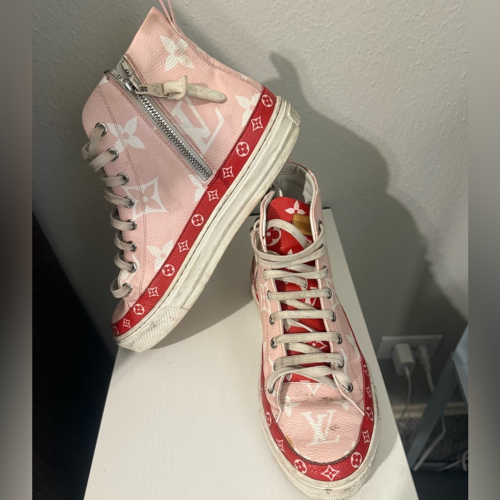 Louis Vuitton Pink and Red Monogram High-Top Sneakers